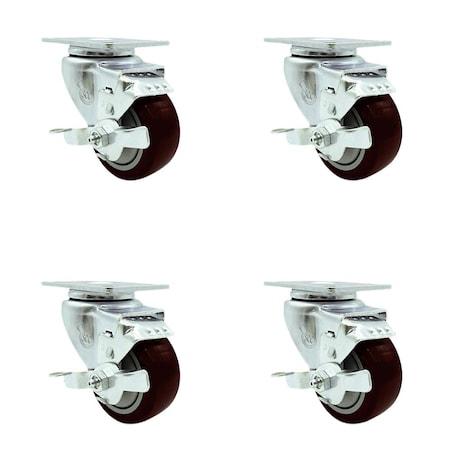 Service Caster Tool Box Caster Wheel Set 3.5'' Maroon Polyurethane Swivel Casters, 4PK TOOL-SCC-20S3514-PPUB-MRN-TLB-4